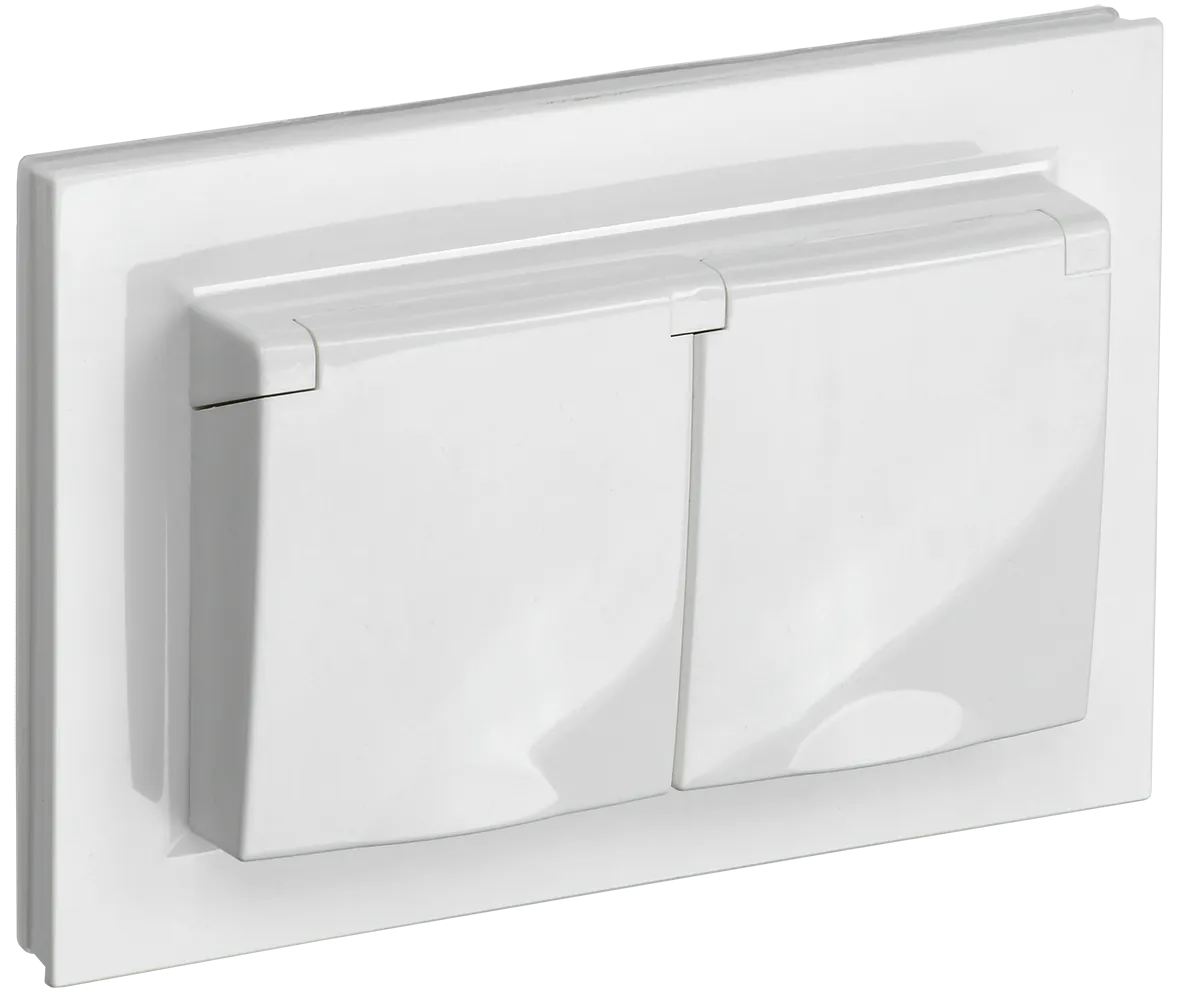 BRITE Розетка 2-местная с заземлением с защитными шторками и крышкой 16А в сборе IP44 РСбш12-3-44-БрБ белый IEK