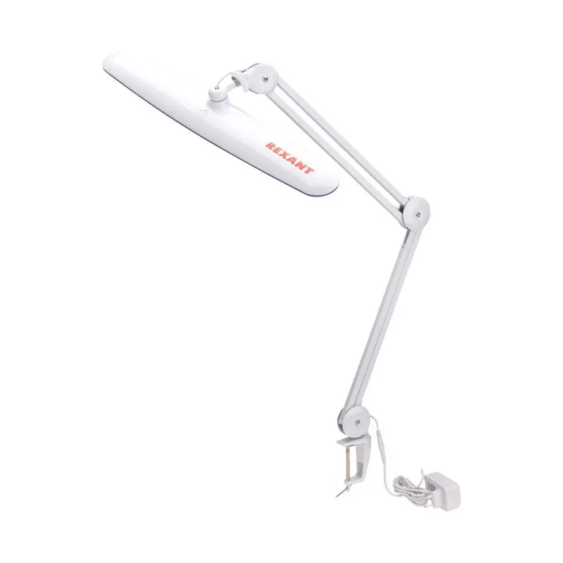 Лампа настольная бестеневая, струбцина, Blue Stream, 117 SMD LED, диммер (4 уровня), белая REXANT 31-0409