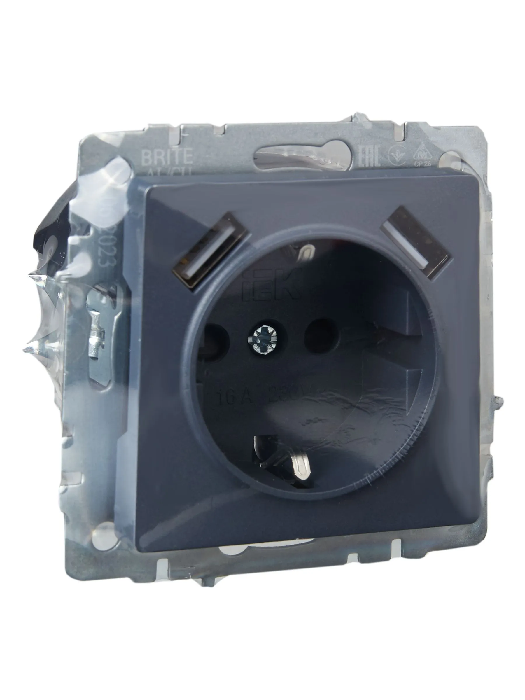 BRITE Розетка 1-местная с заземлением с защитными шторками 16А с USB A+A 5В 2,1А РЮш10-1-БрМ маренго IEK - Фото 5