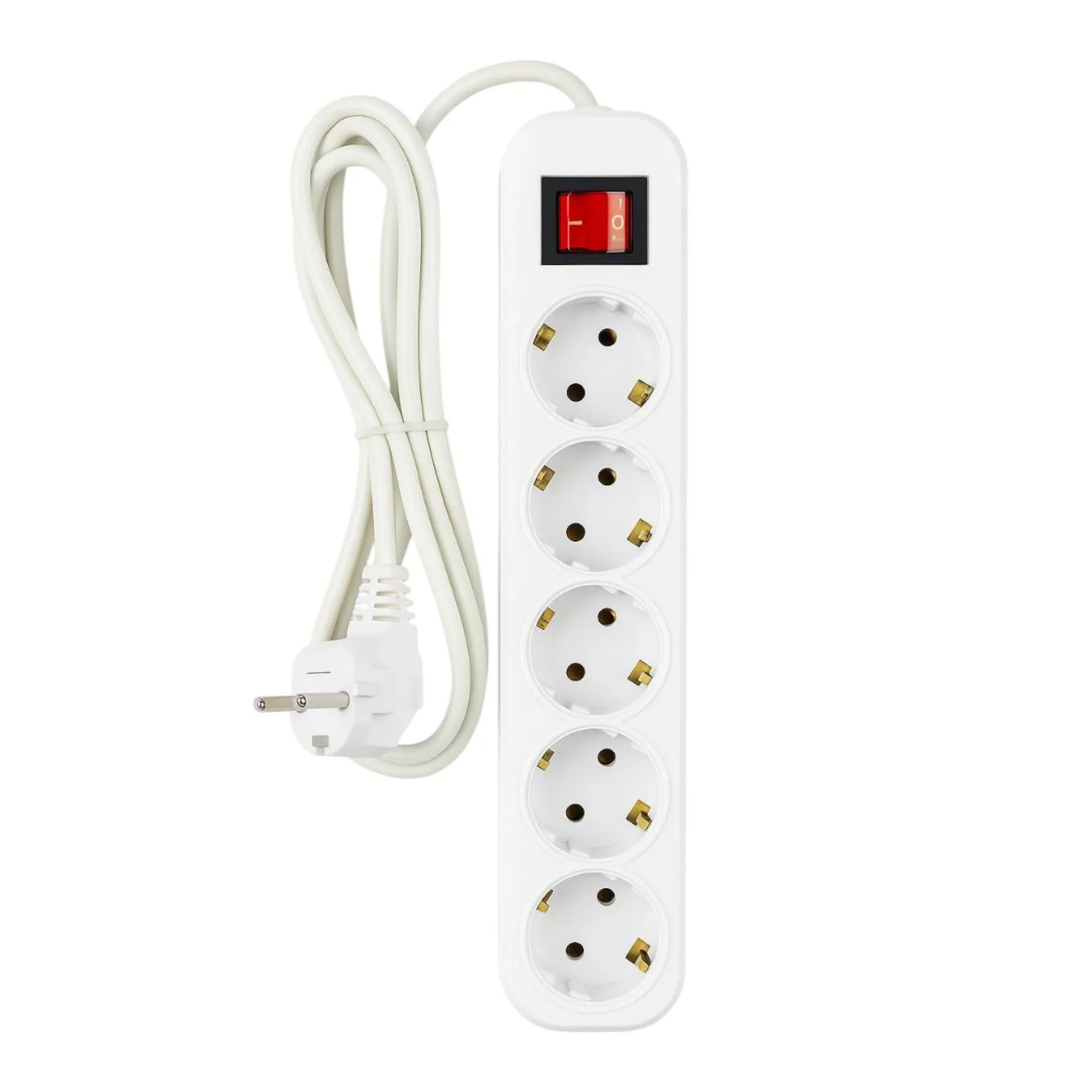 Удлинитель УБкн-03 бытовой с кнопкой ПВС 3*0,75 (10А) 5гн. 1,5м. белый DEKRON