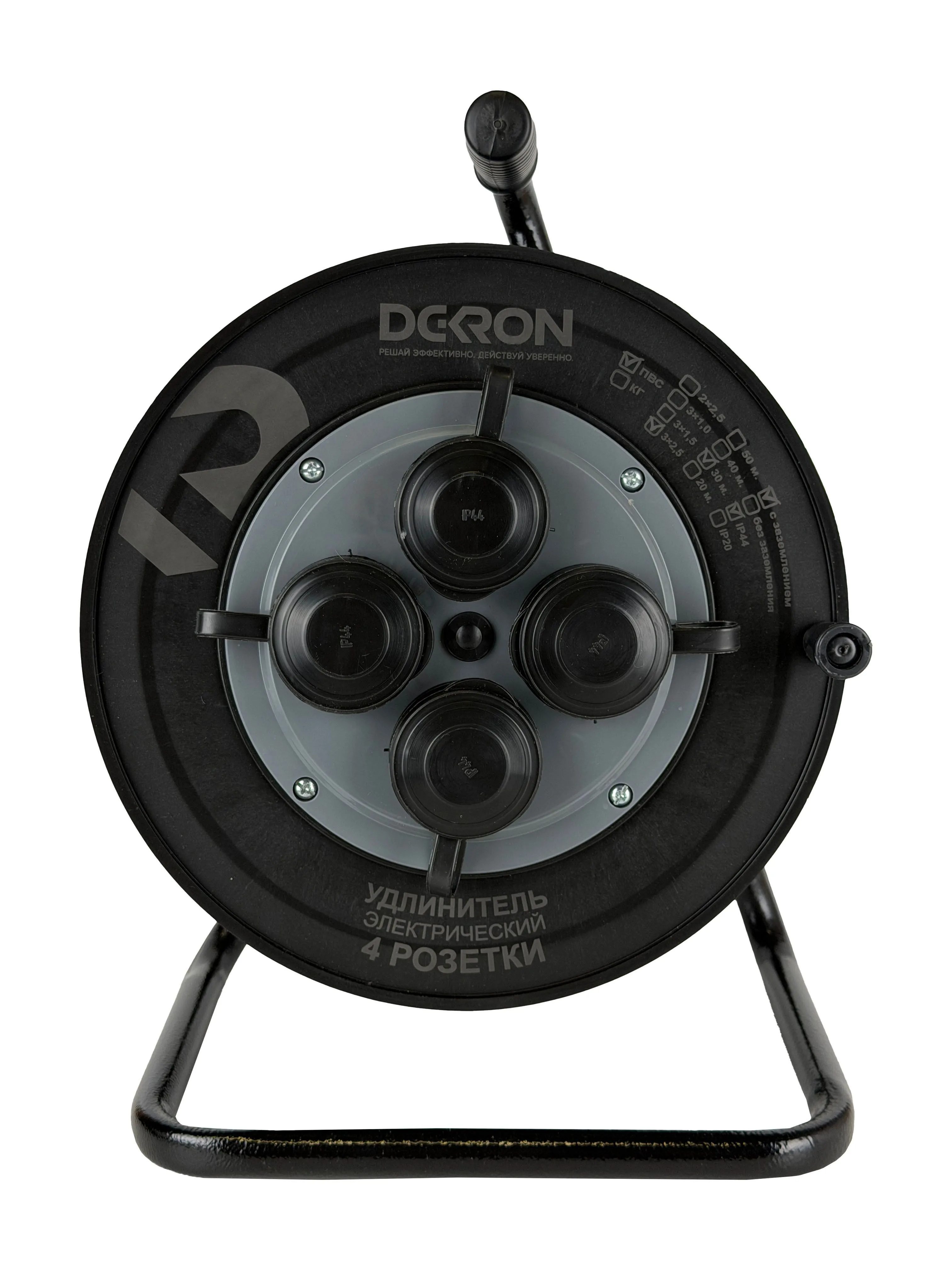 Удлинитель на катушке (пластик) УХз-16-4-30-К УХЛ2, 4 гнезда с заземлением и крышками, ПВС 3х2,5 30м, 16А, IP44 DEKRON