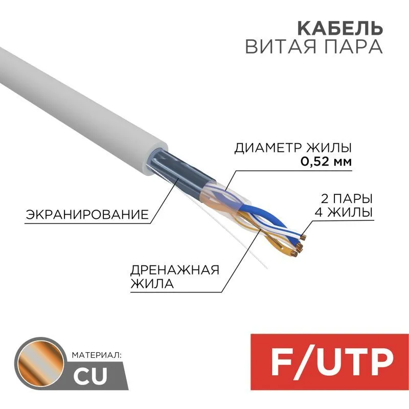 Кабель витая пара F/UTP, CAT 5e, ZH нг(А)-HF, 2х2х0,52 мм, 24AWG, INDOOR, SOLID, серый, 305 м REXANT PRO 02-0022