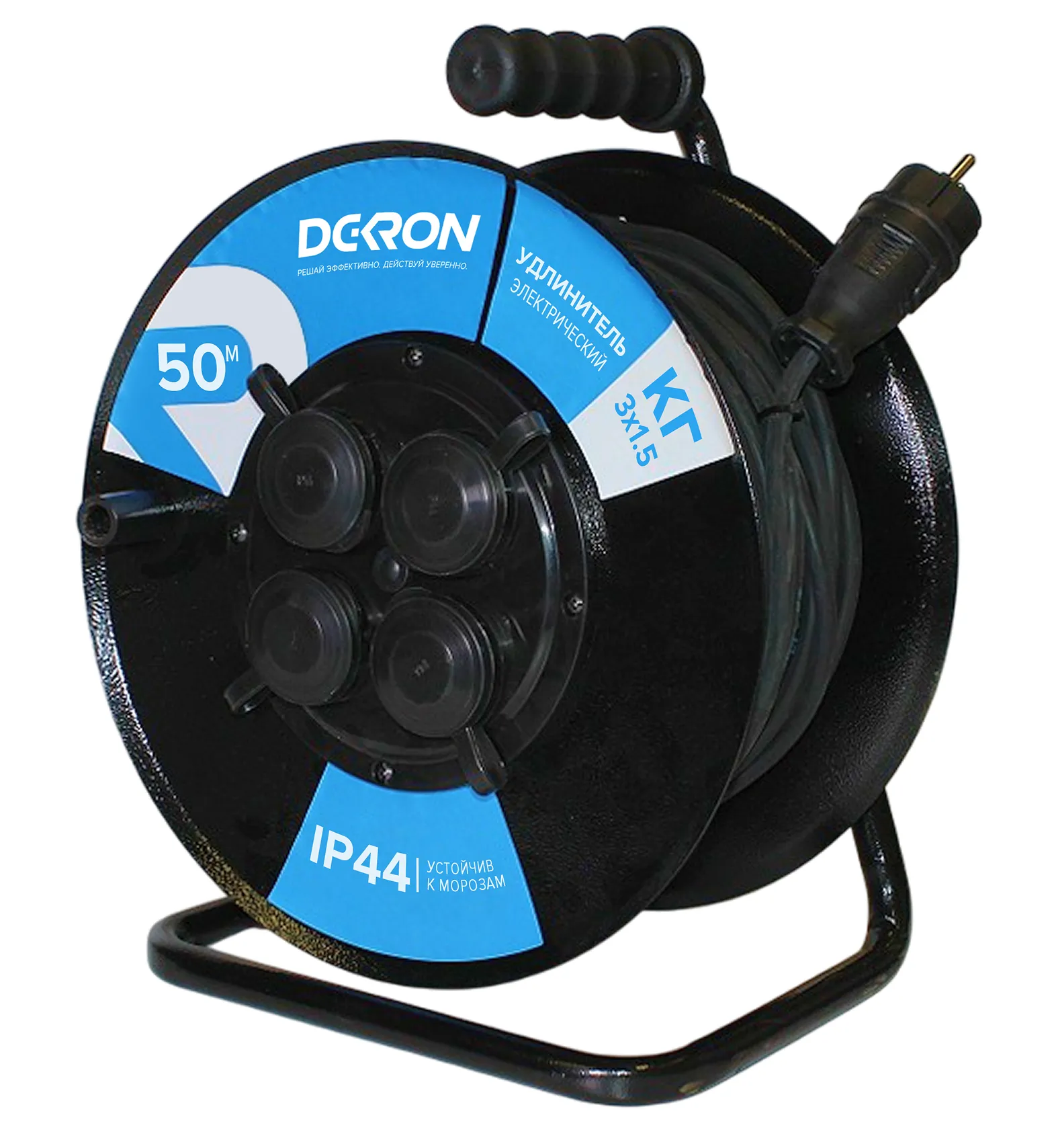 Удлинитель УКМ-44 силовой на катушке 4 гн. КГ-ХЛ 3х1,5 50м IP44 (катушка металл) 16А 3500Вт DEK0962-0008