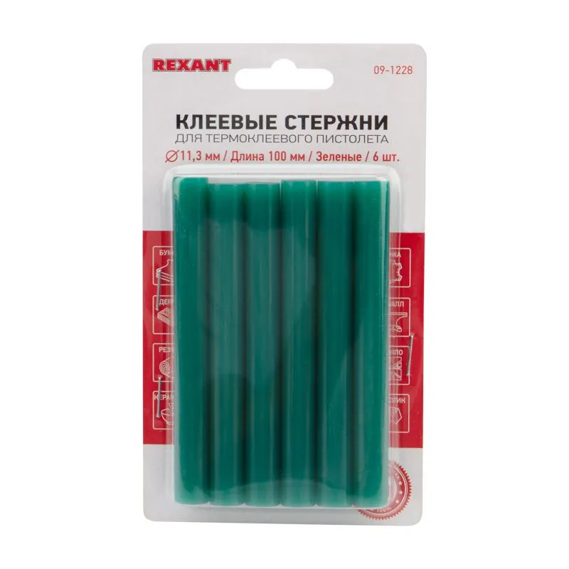 Стержни клеевые Ø11мм, 100мм, зеленые (6 шт/уп), блистер REXANT - Фото 2