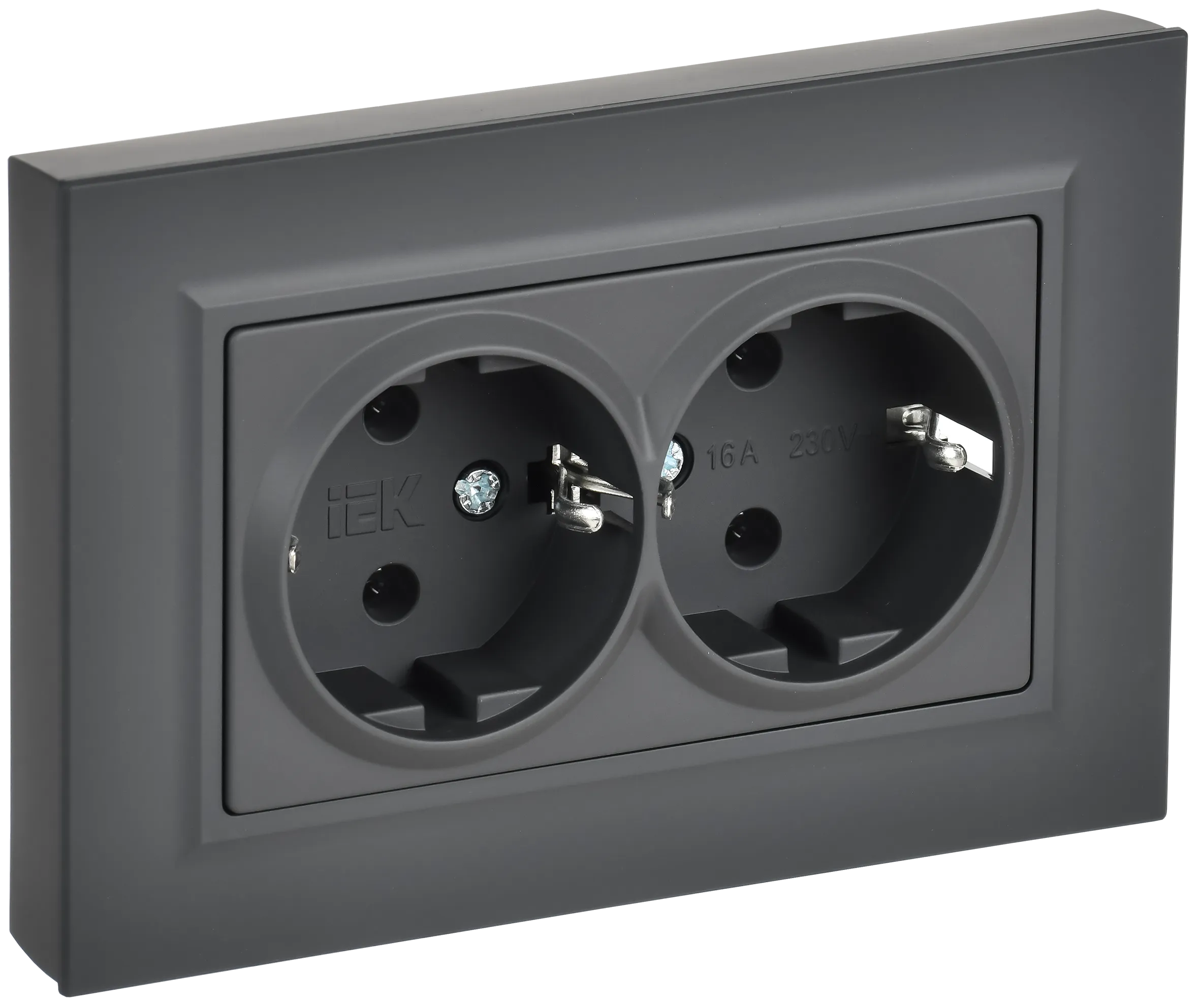 BRITE Розетка 2-местная с заземлением без защитных шторок плоская 16А в сборе РСПл12-3-БрГ графит IEK BR-R27-16-K53-F