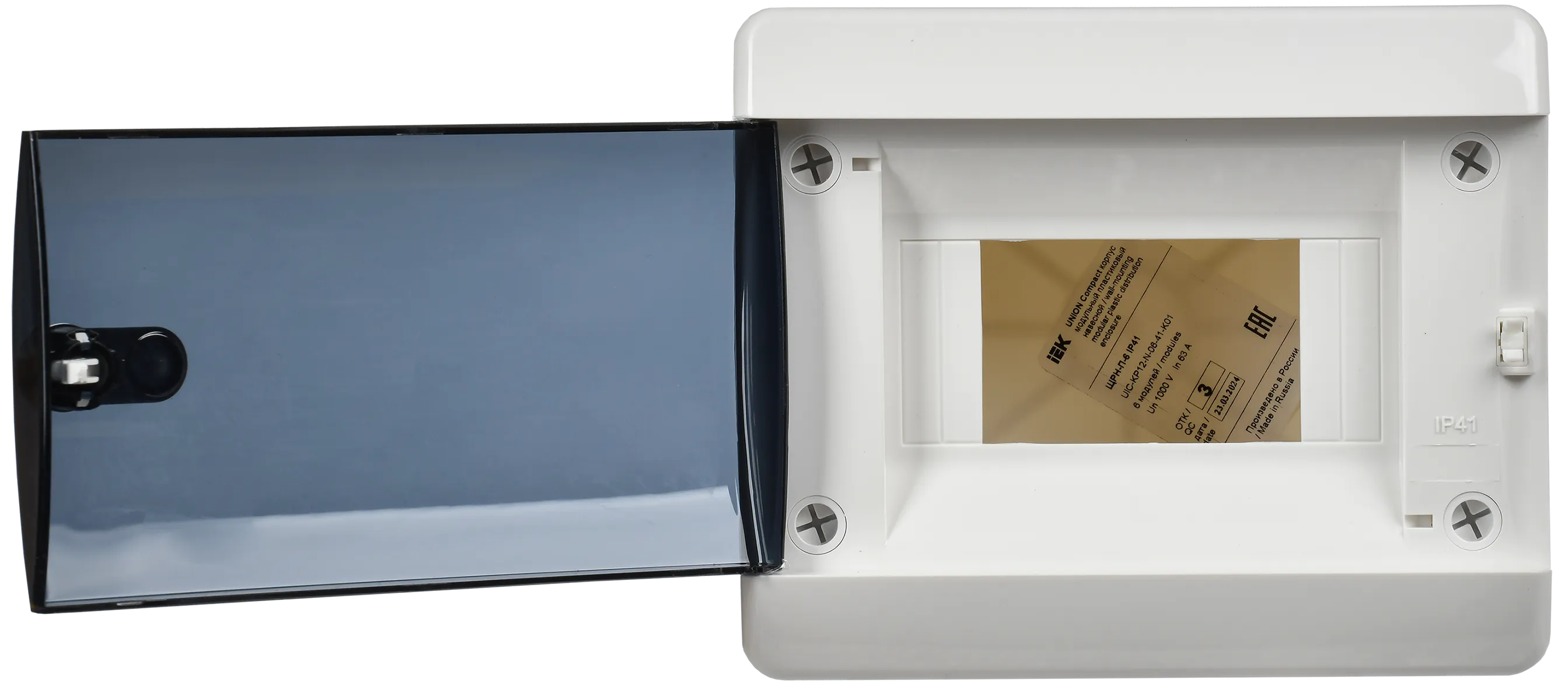 UNION Compact Корпус пластиковый БЕЛЫЙ ЩРН-П-6, IP41 черная прозрачная дверь IEK - Фото 6