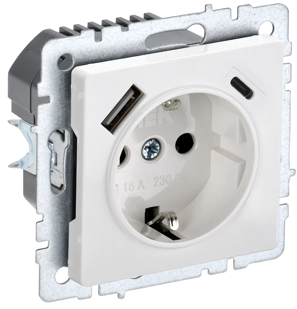 BRITE Розетка 1-местная с заземлением с защитными шторками 16А с USB A+C 18Вт РЮш11-1-БрБ белый IEK
