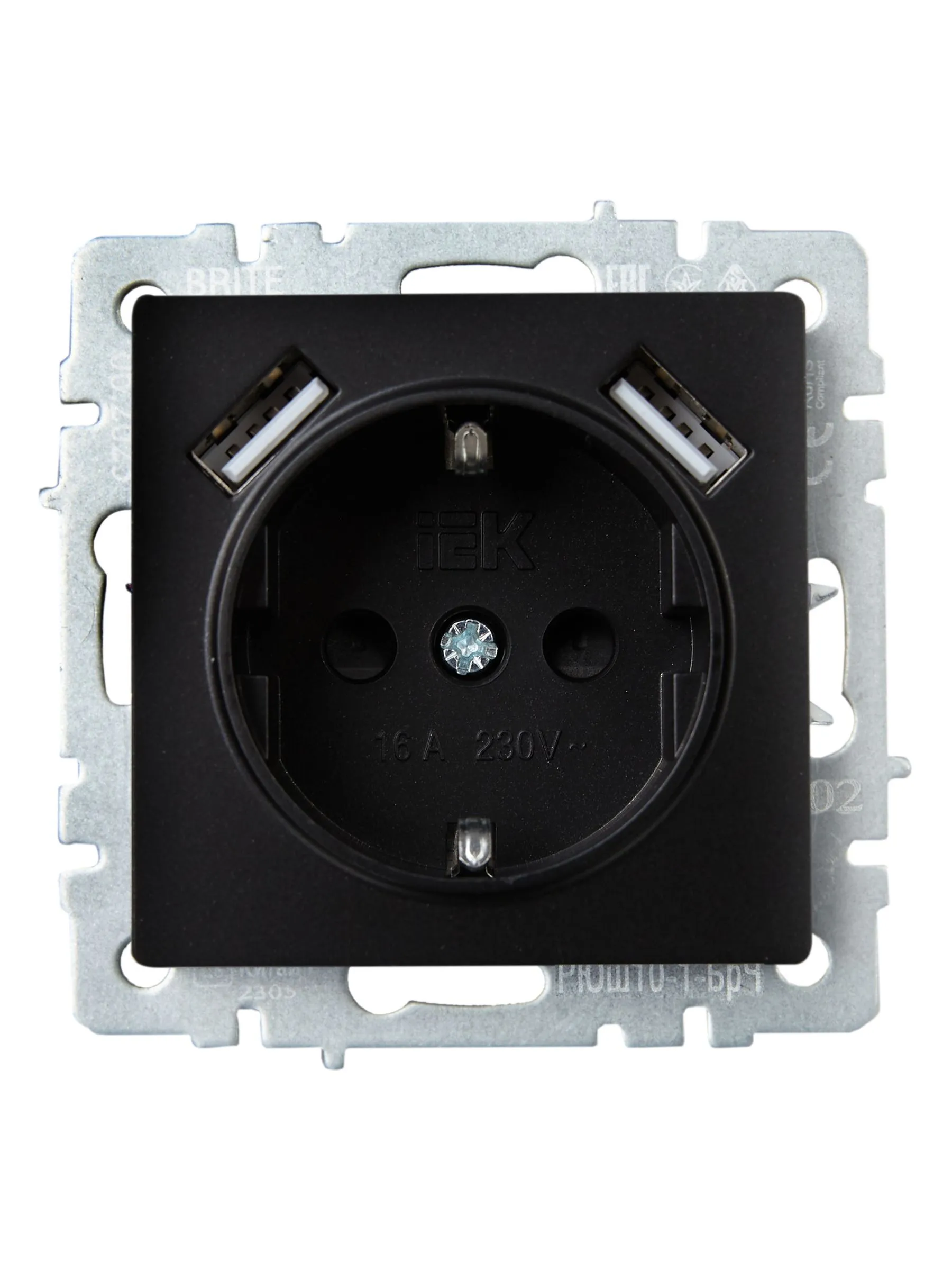BRITE Розетка 1-местная с заземлением с защитными шторками 16А с USB A+A 5В 2,1А РЮш10-1-БрЧ черный IEK - Фото 5
