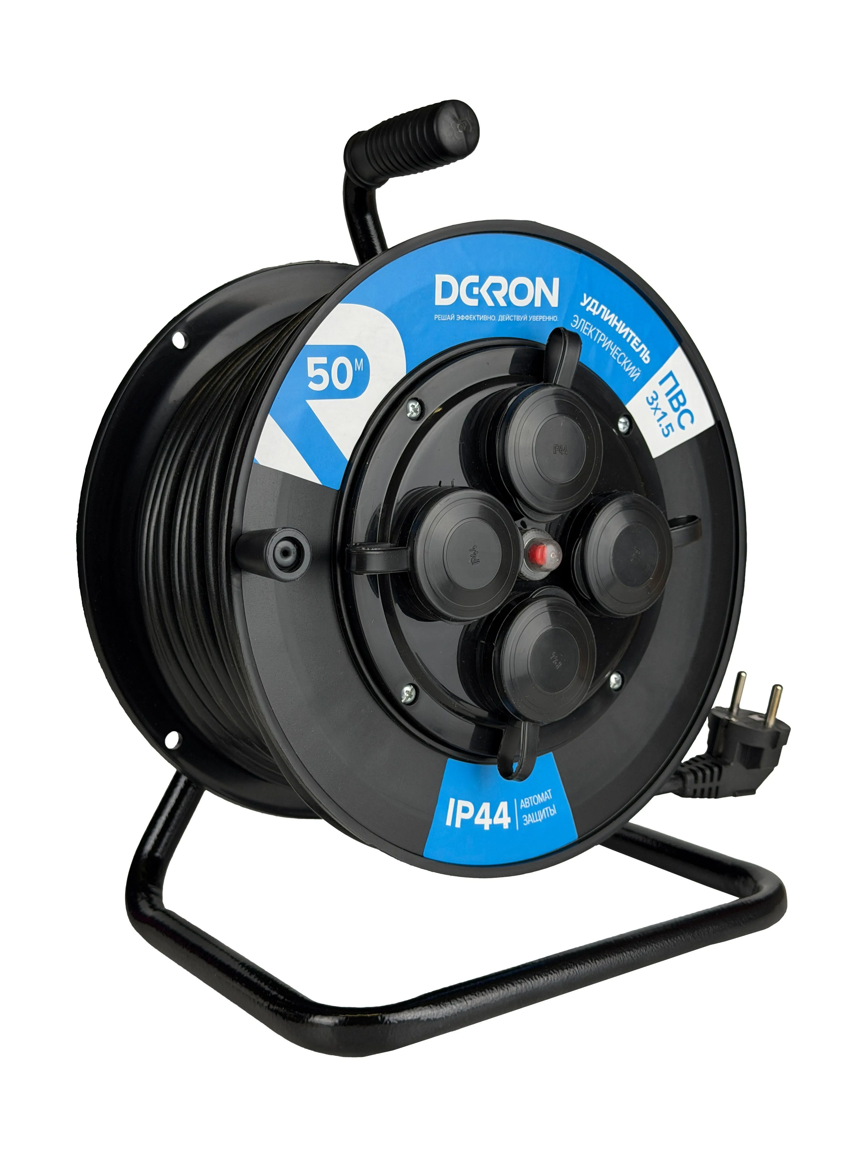 Удлинитель УКП-44 силовой на катушке 4 гн. ПВС 3х1,5 IP44 с/з 50м с автоматом защиты (катушка пластик) 16А 3500Вт - Фото 3