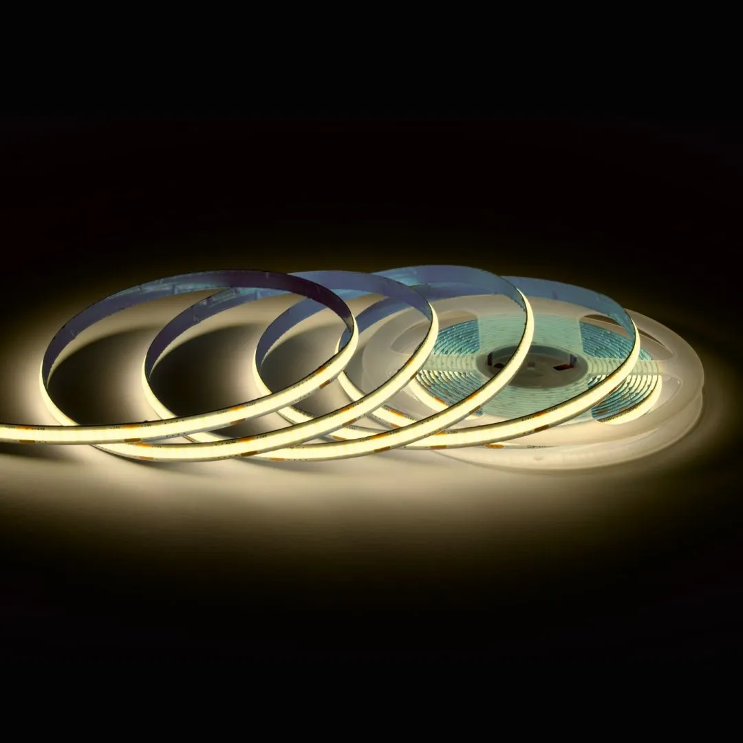 00-393 Светодиодная лента 24В, 10Вт/м, COB, 312д/м, IP20, 900лм/м, ширина подложки 8мм, 5м, CRI 90+, т/б, 3000К.