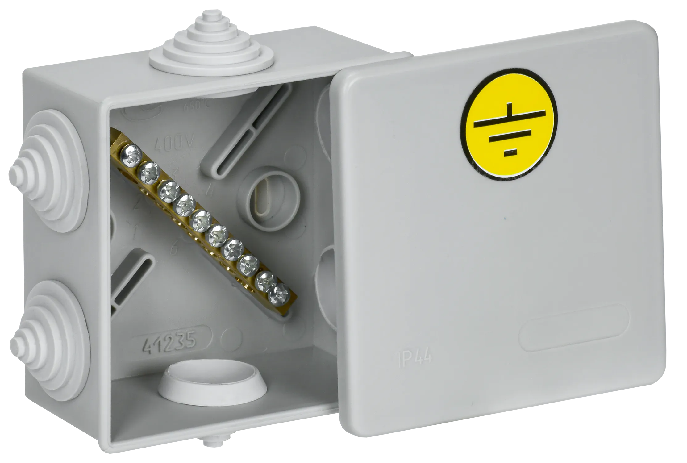 Коробка уравнивания потенциалов КУП 85х85х40мм IP44 КМ41360 с защелкивающейся крышкой безгалогенная (HF) 6 гермовводов (RAL 7035) IEK UKO21-085-085-040-K41-44U