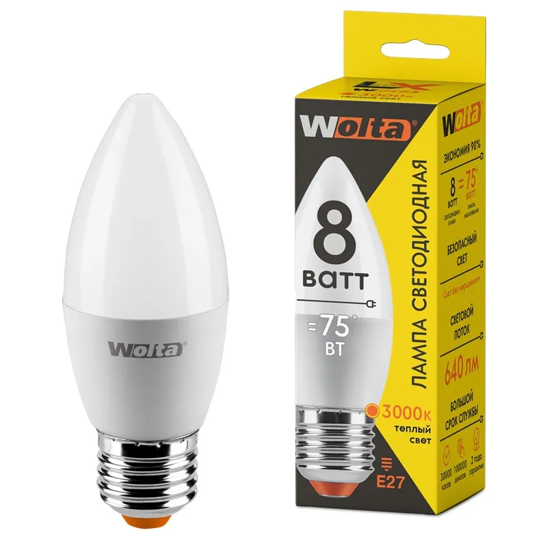Лампа светодиодная "Свеча-LX" 8Вт 640лм 3000К Е27 (50шт/уп) WOLTA