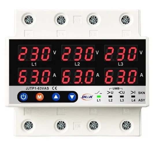 Трехфазное реле напряжения и тока с дисплеем 63A (синхронный/асинхронный режимы) JJTP1-63VAS