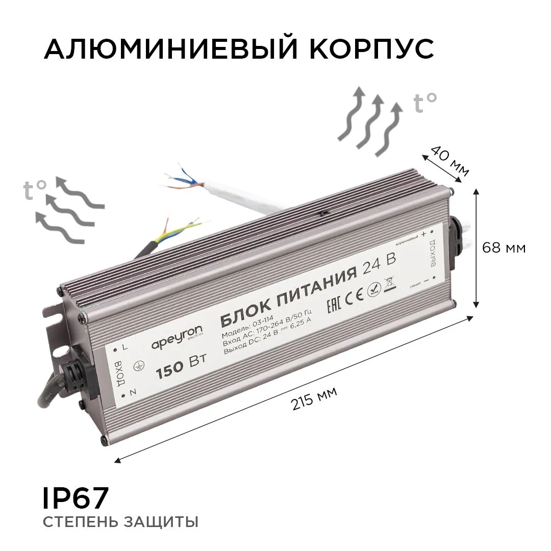 Блок питания 24В, 150Вт, импульсный, IP67, 175-265В, 6,25А, алюм., сереб., 215*68*40мм. Apeyron - Фото 6