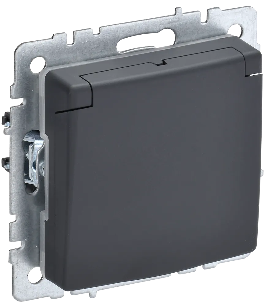 BRITE Розетка 1-местная с заземлением с защитными шторками и крышкой 16А IP20 РСбш10-3-БрГ графит IEK BR-R16-16-K53