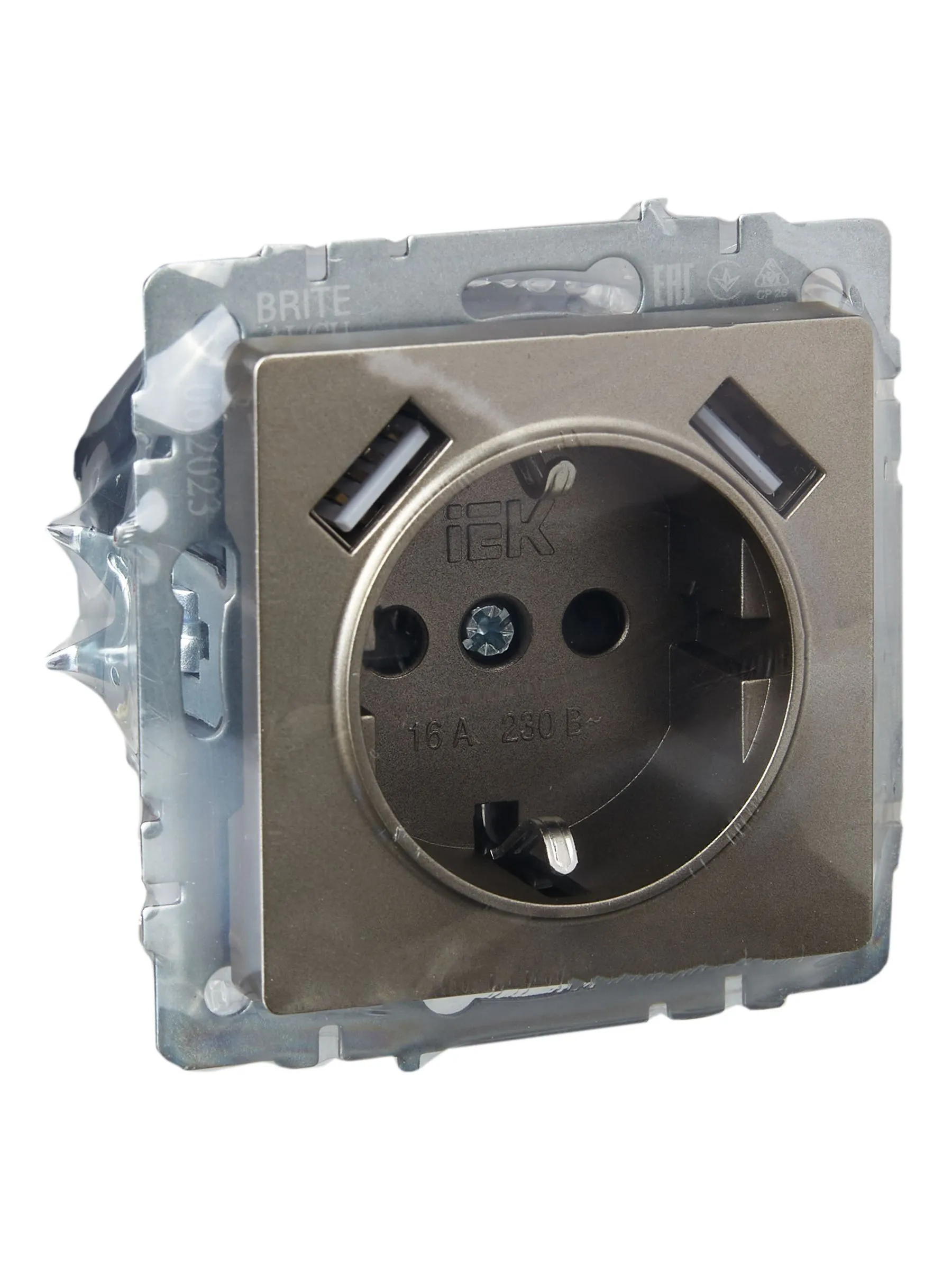 BRITE Розетка 1-местная с заземлением с защитными шторками 16А с USB A+A 5В 2,1А РЮш10-1-БрШ шампань IEK - Фото 7