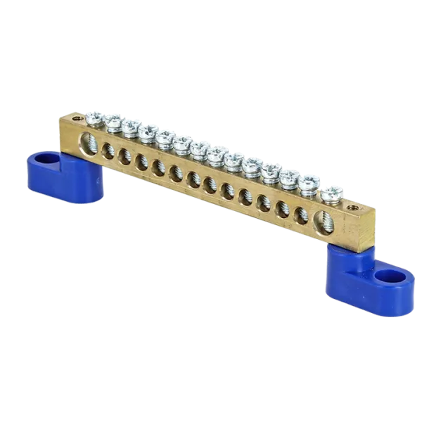 Шина "0" N (6x9мм) 14 отв. латунь 2 синих угловых изолятора EKF