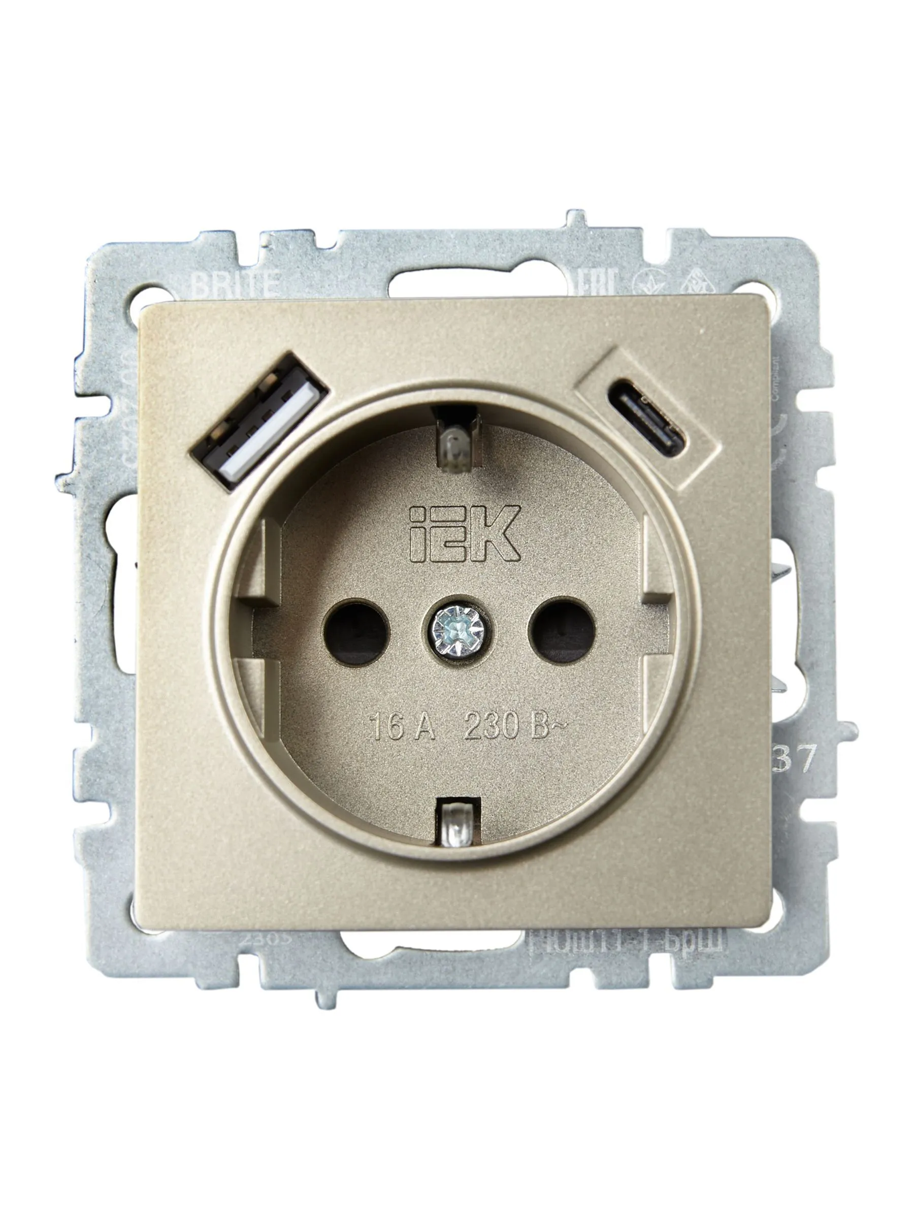 BRITE Розетка 1-местная с заземлением с защитными шторками 16А с USB A+C 18Вт РЮш11-1-БрШ шампань IEK - Фото 4