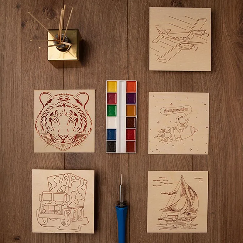 Доски для выжигания «Для мальчиков», 150х150мм, набор 5 шт. (тигр, самолет, машина, парусник, космос) пакет REXANT - Фото 2