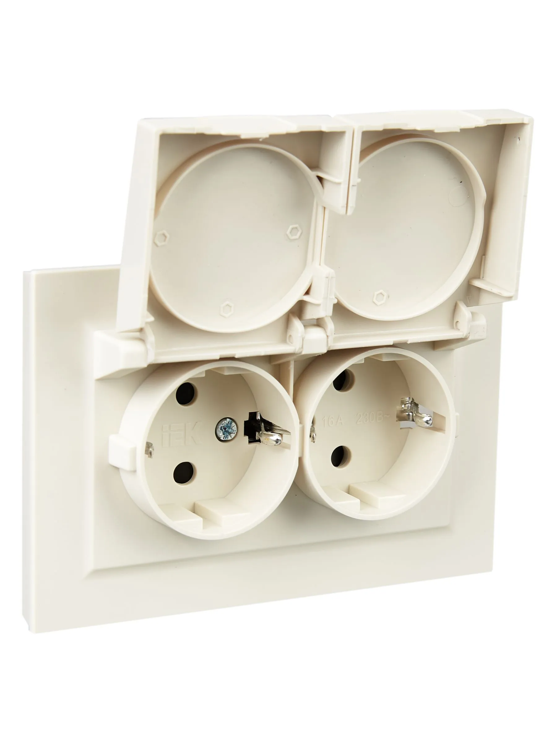 BRITE Розетка 2-местная с заземлением с защитными шторками и крышкой 16А в сборе IP44 РСбш12-3-44-БрКр бежевый IEK - Фото 5