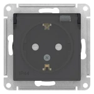 Розетка 1-м СП AtlasDesign Aqua 16А IP44 с заземл. защ. шторки с прозр. крышкой механизм карбон SE ATN441046 1324376