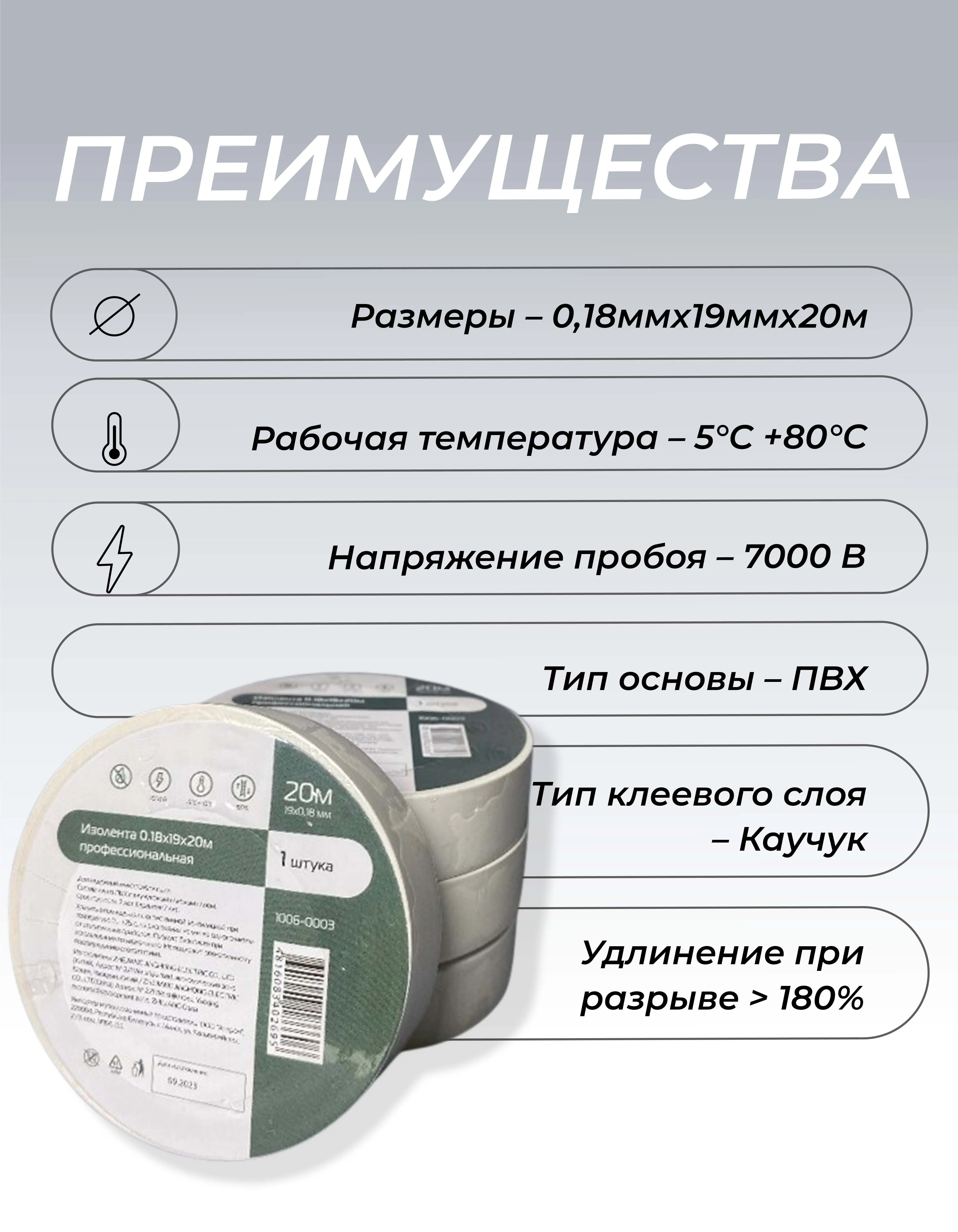 Изолента ПВХ 0,18х19мм, 20м профессиональная белая (5шт/уп) DEKRON - Фото 2