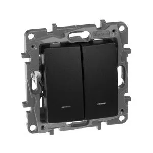ETIKA Выключатель 2-клавишный с подсветкой/индикацией схема 5L 10АХ безвинтовые зажимы антрацит 672604