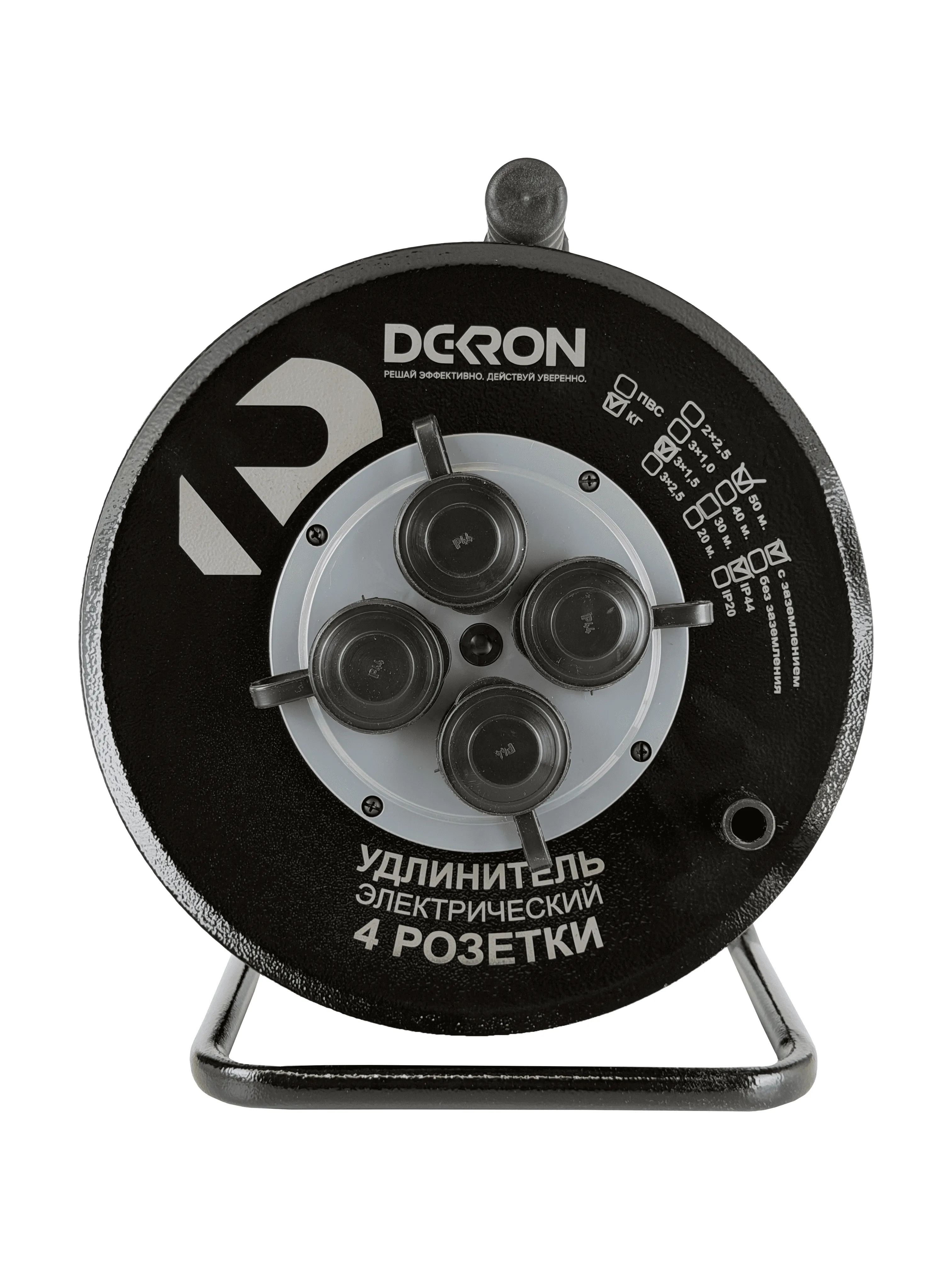 Удлинитель на катушке (металл) УХз-16-4-50-КМ УХЛ2, 4 гнезда с заземлением и крышками, КГ 3х1,5 50м, 16А, IP44 DEKRON