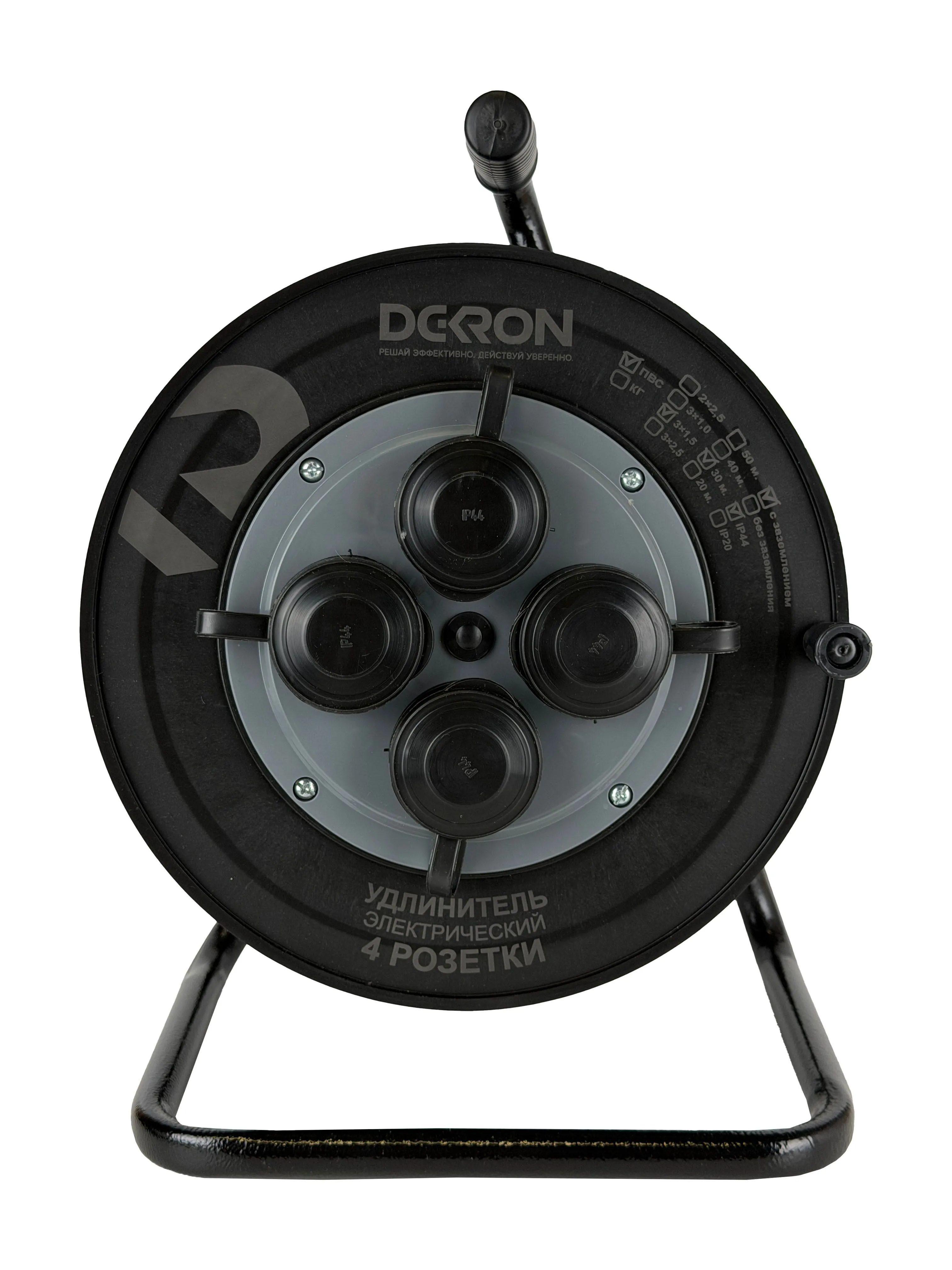 Удлинитель на катушке (пластик) УХз-16-4-30-К УХЛ2, 4 гнезда с заземлением и крышками, ПВС 3х1,5 30м, 30А, IP44 DEKRON