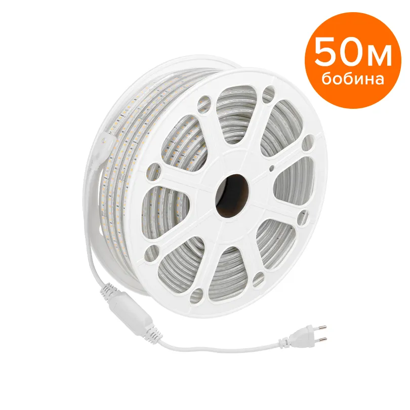 Светодиодная лента 220В герметичная WOLTA WLS-220V-2835-10W/4000/S120 SMD2835 10Вт/м 4000К IP65 750лм/м 120led/м ширина 13,5мм. Бобина 50 метров. Цена WLS-220V-2835-10W/4000/S120