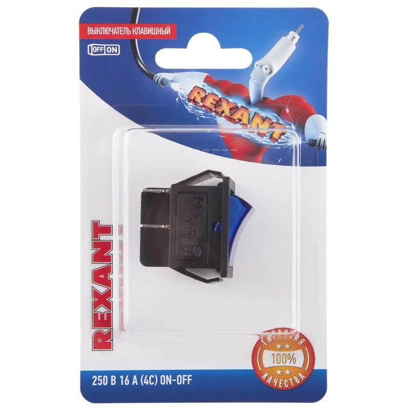 Выключатель клавишный 250V 16А (4с) ON-OFF синий  с подсветкой (RWB-502, SC-767, IRS-201-1)  REXANT (в упак. 1шт.) 06-0306-B
