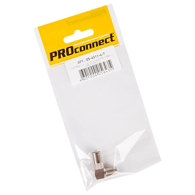 Переходник антенный, (гнездо F - штекер TV), угловой (1шт) (пакет) PROconnect
