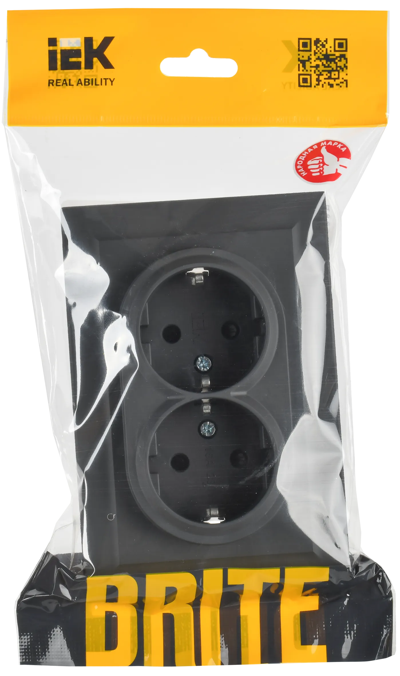 BRITE Розетка 2-местная с заземлением с защитными шторками 16А в сборе РСш12-3-БрГ графит IEK - Фото 2