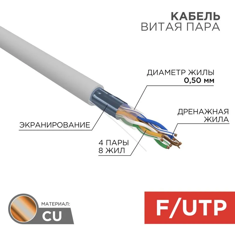 Кабель витая пара F/UTP, CAT 5e, ZH нг(А)-HF, 4PR, 24AWG, INDOOR, SOLID, серый, 305м, REXANT