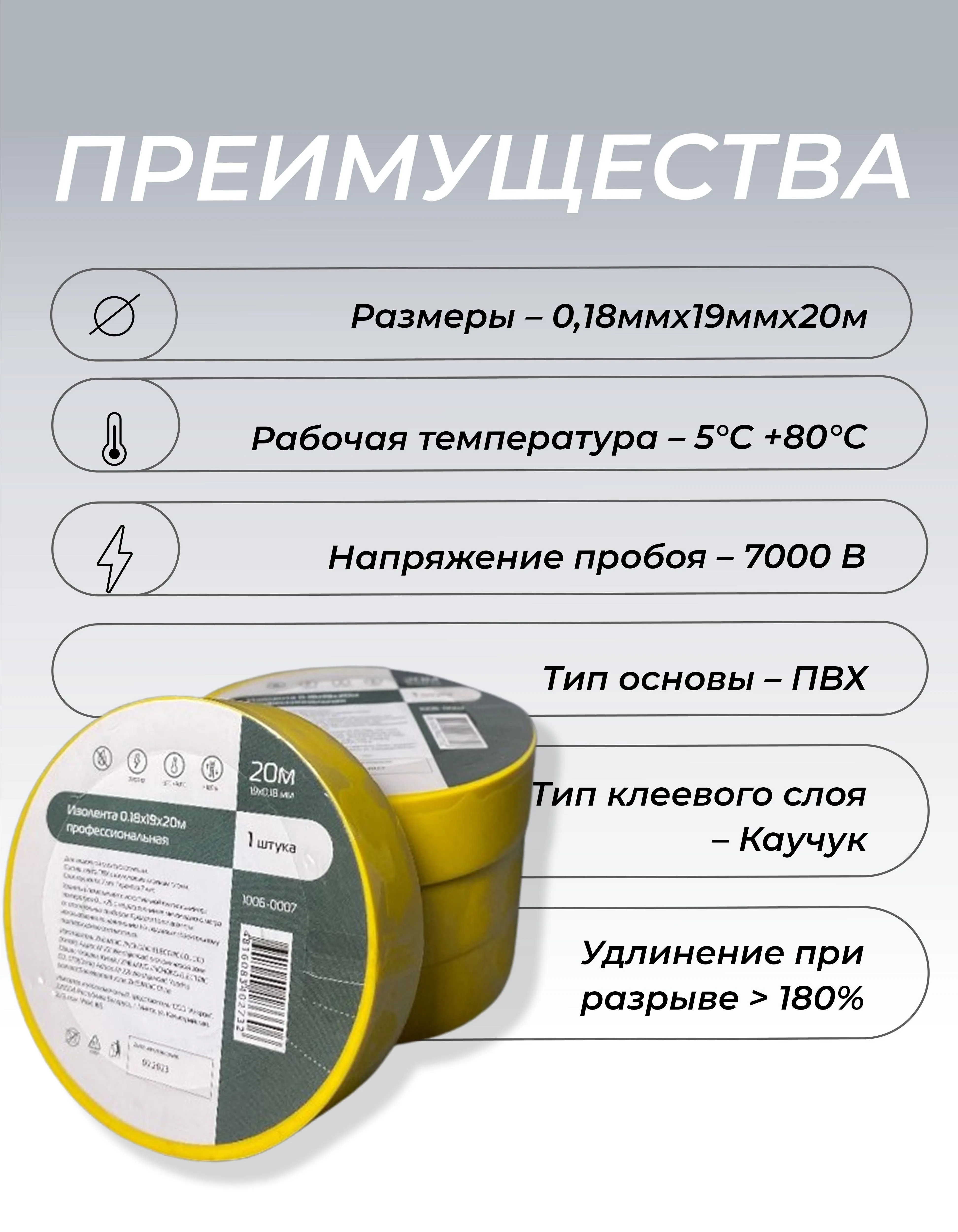 Изолента ПВХ 0,18х19мм, 20м профессиональная желтая (5шт/уп) DEKRON - Фото 2