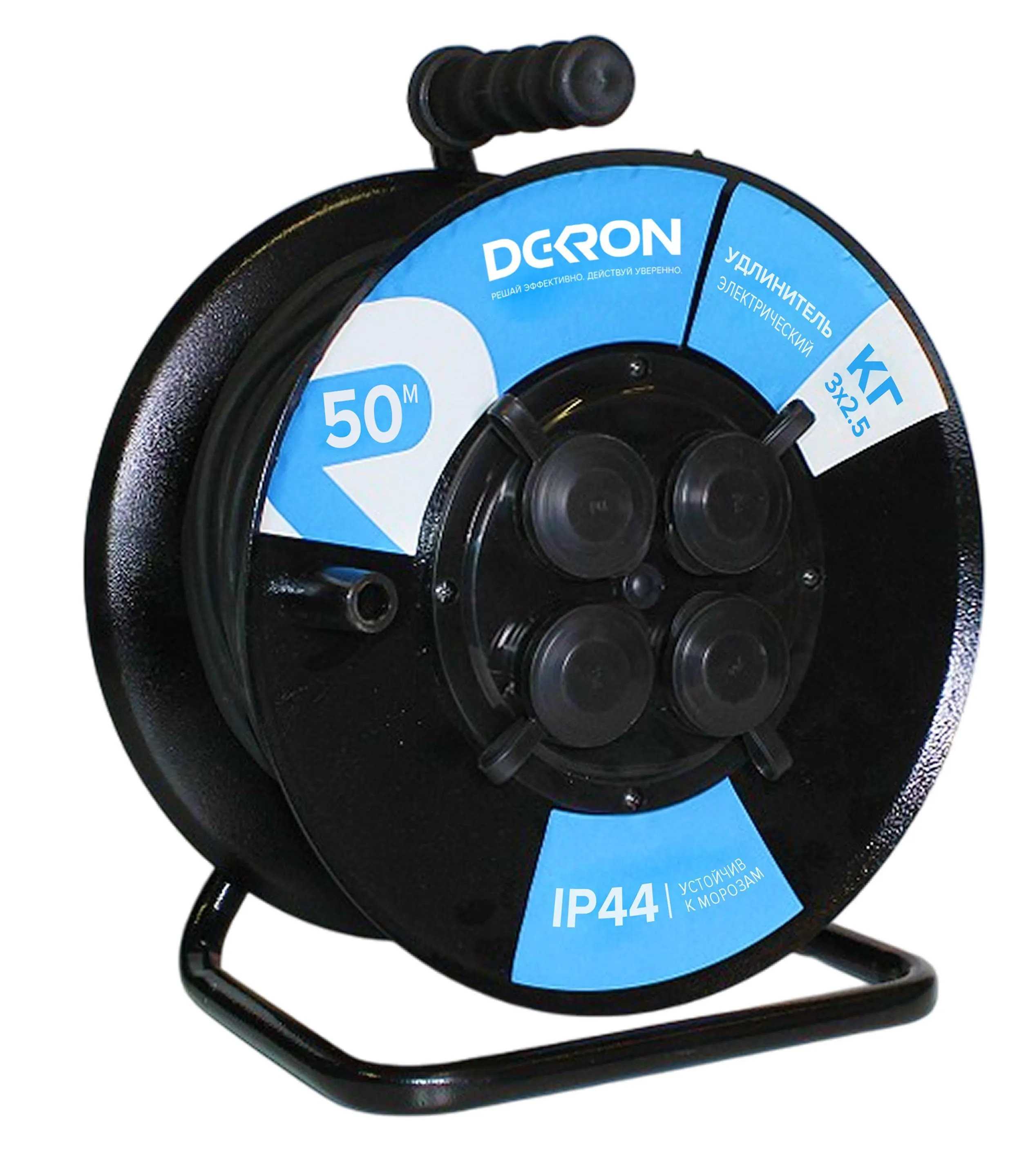 Удлинитель УКМ-44 силовой на катушке 4 гн. КГ 3х2,5 50м IP44 (катушка металл) 16А 3500Вт DEK0962-0010