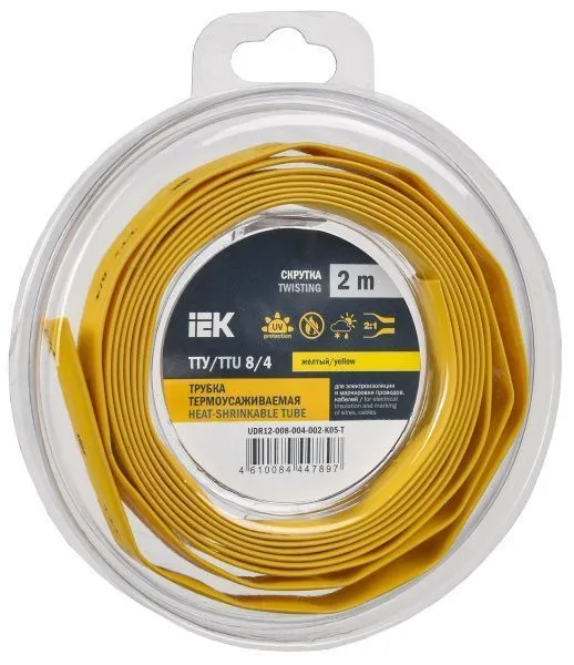 Трубка термоусадочная ТТУ нг-LS 8/4 желтая (2м/упак) IEK UDR12-008-004-002-K05-T