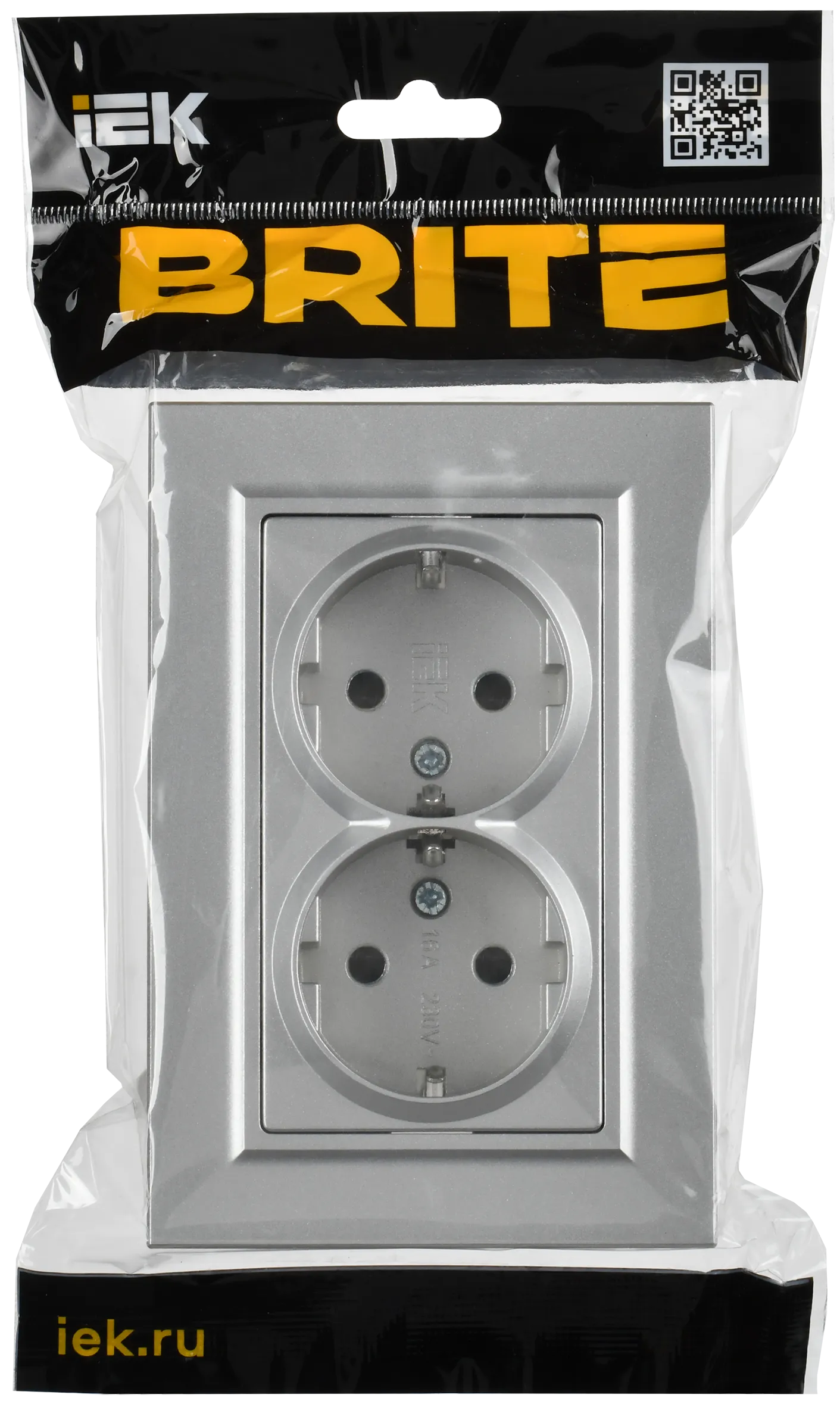 BRITE Розетка 2-местная с заземлением с защитными шторками плоская 16А в сборе РСшПл12-3-БрА алюминий IEK - Фото 2