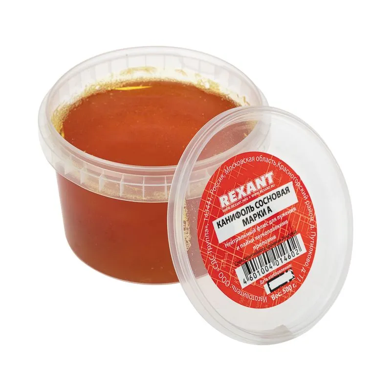 Канифоль сосновая, флюс НЕЙТРАЛЬНЫЙ, марка А, 500г, банка REXANT - Фото 3