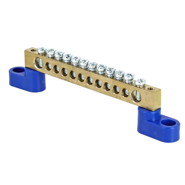 Шина "0" N (6x9мм) 12 отв. латунь 2 синих угловых изолятора EKF