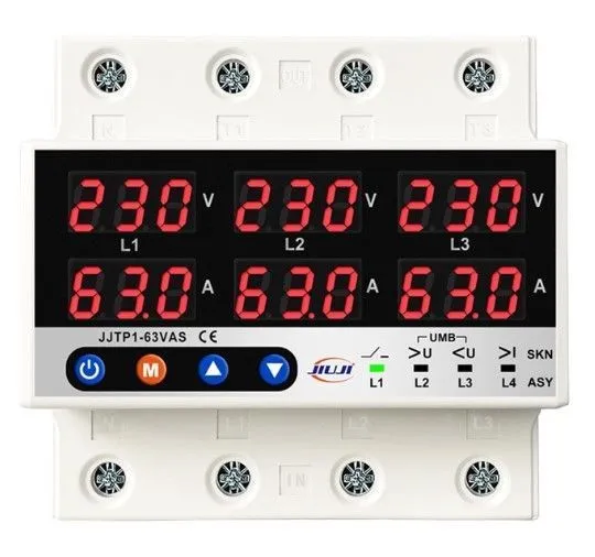 Трехфазное реле напряжения и тока с дисплеем 63A (синхронный/асинхронный режимы)