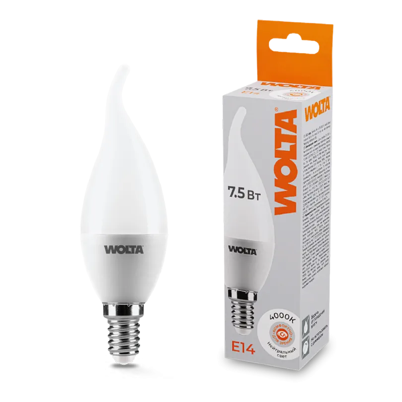 Лампа светодиодная "Свеча на ветру-CD37" 7.5Вт 450лм 4000К Е14 (50шт/уп) WOLTA