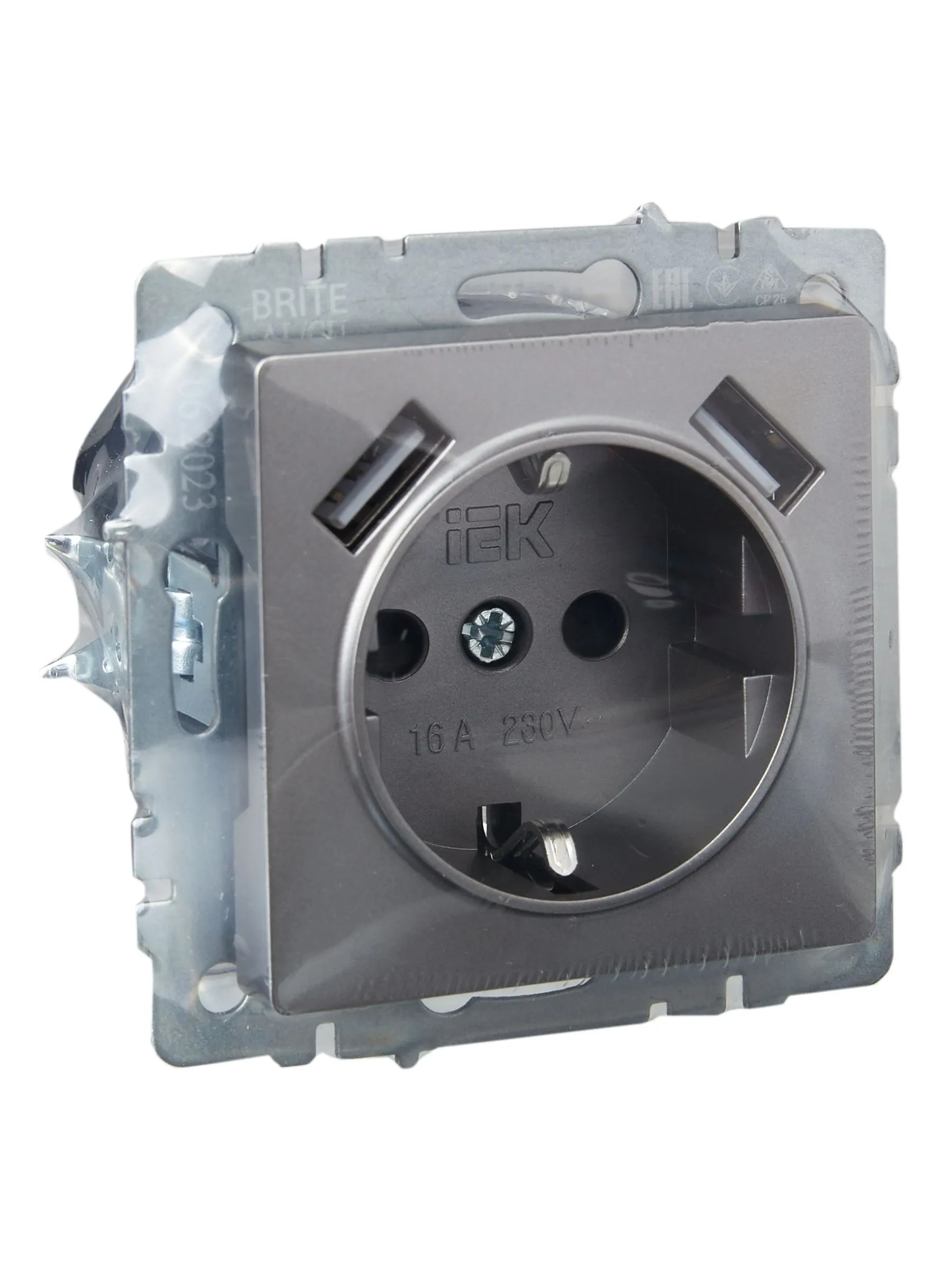 BRITE Розетка 1-местная с заземлением с защитными шторками 16А с USB A+A 5В 2,1А РЮш10-1-БрС сталь IEK - Фото 8