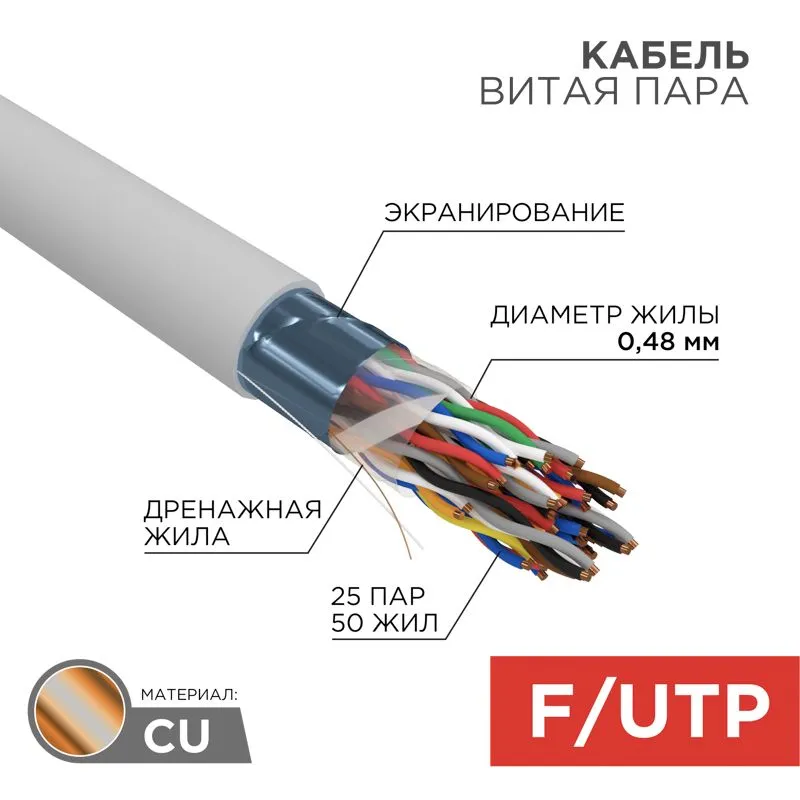 Кабель витая пара F/UTP, CAT 5е, ZH нг(А)-HF (LSZH), 25PR, 24AWG, INDOOR, SOLID, серый, 305м, РФ REX