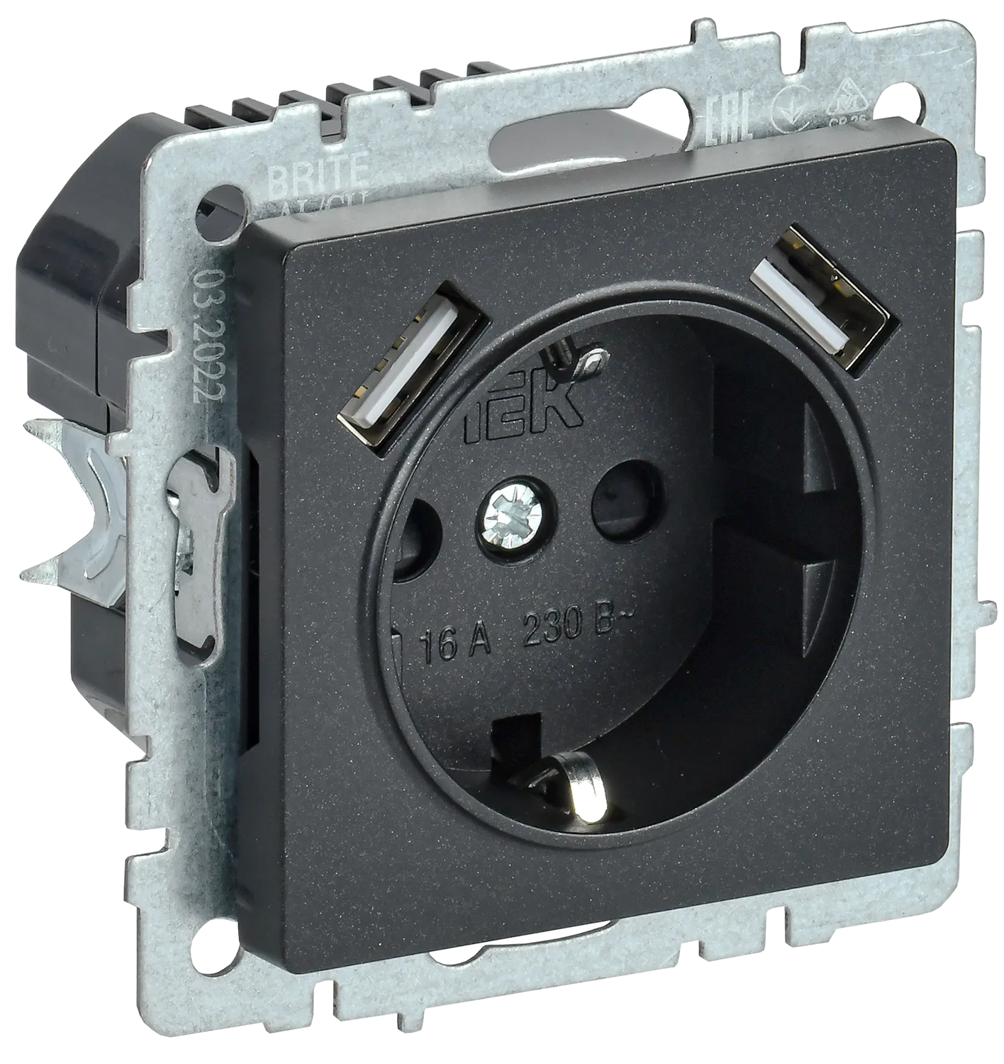 BRITE Розетка 1-местная с заземлением с защитными шторками 16А с USB A+A 5В 2,1А РЮш10-1-БрЧ черный IEK BR-R14-16-U21-D21-K02