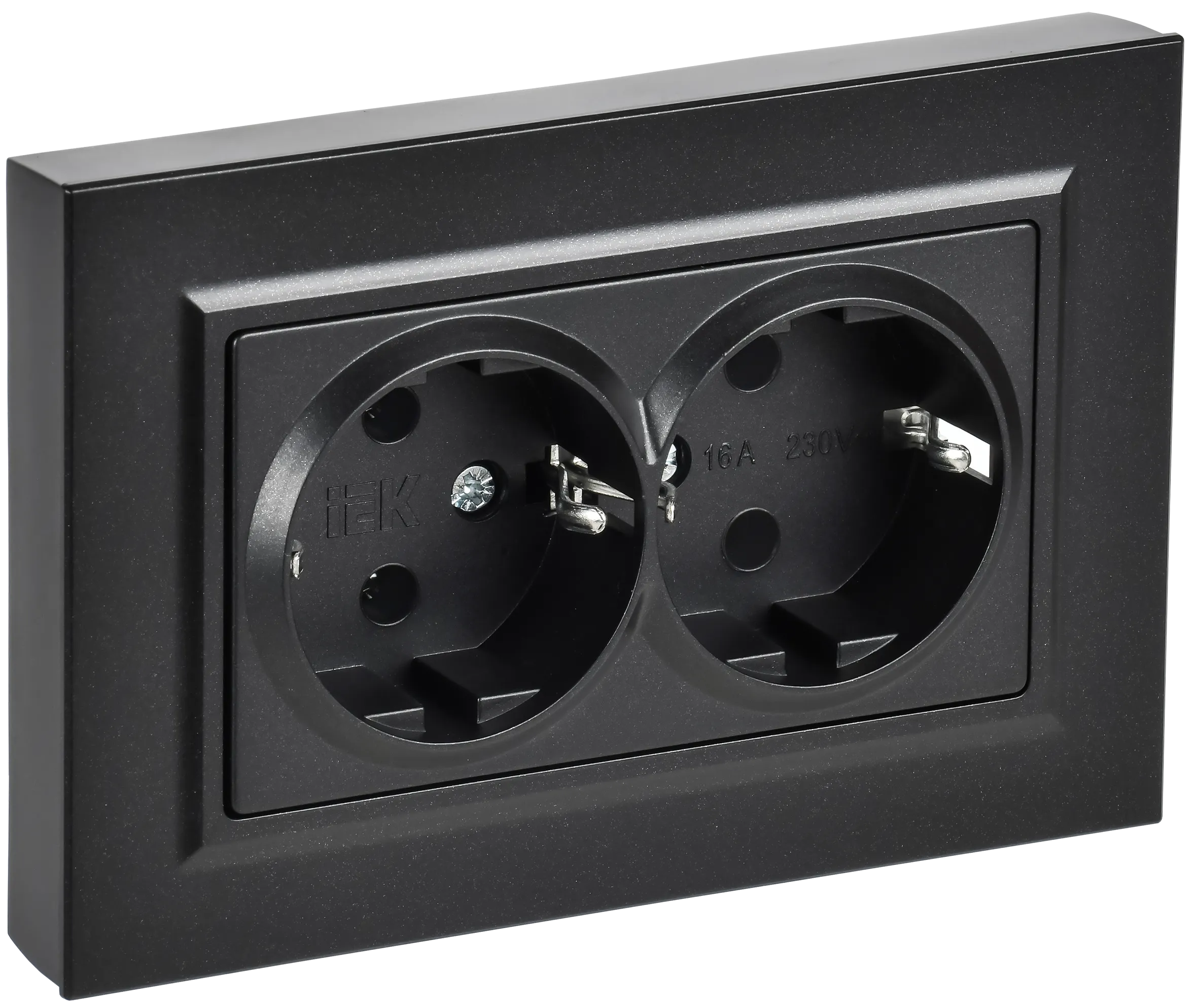 BRITE Розетка 2-местная с заземлением без защитных шторок плоская 16А в сборе РСПл12-3-БрЧ черный IEK BR-R27-16-K02-F