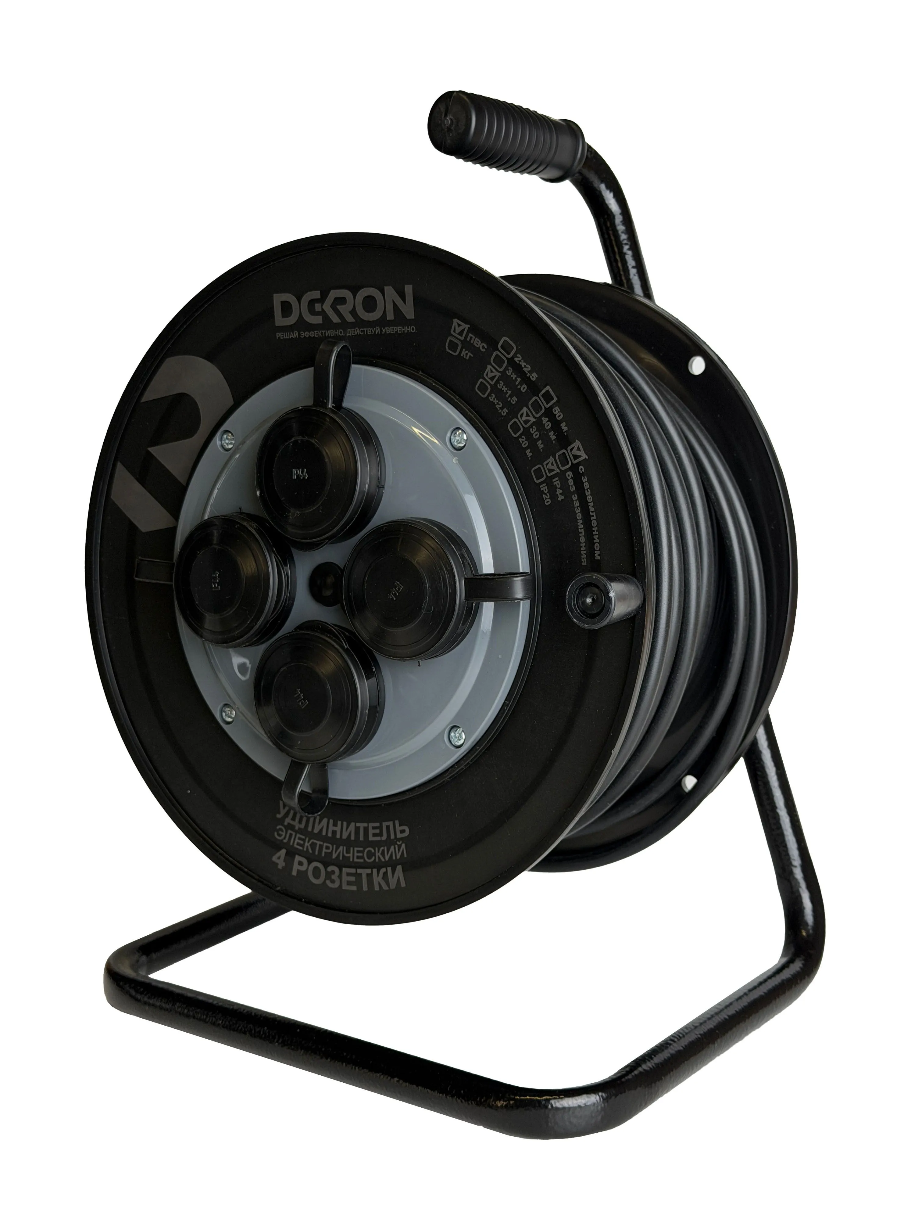 Удлинитель на катушке (пластик) УХз-16-4-30-К УХЛ2, 4 гнезда с заземлением и крышками, ПВС 3х1,5 30м, 30А, IP44 DEKRON - Фото 2