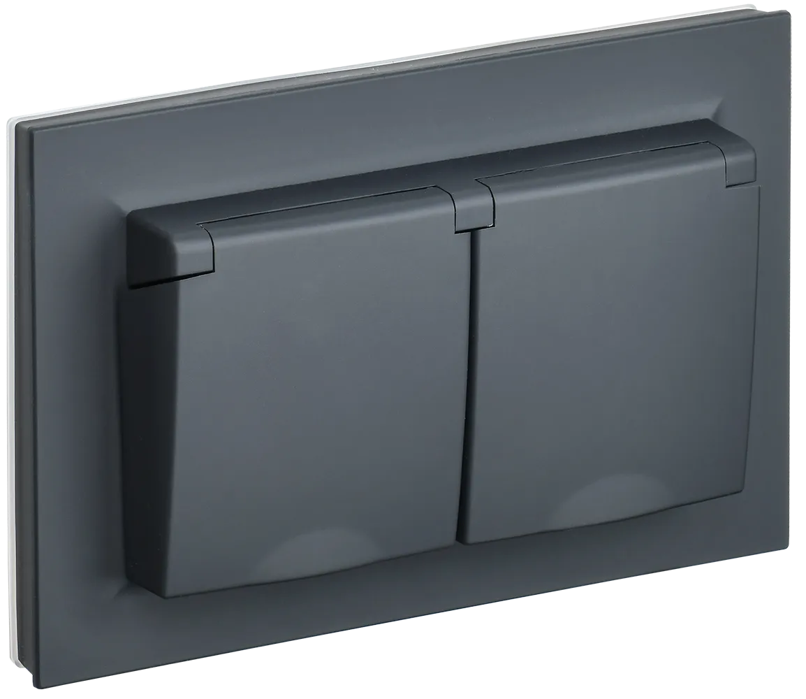 BRITE Розетка 2-местная с заземлением с защитными шторками и крышкой 16А в сборе IP44 РСбш12-3-44-БрГ графит IEK BR-R26-16-44-K53-F