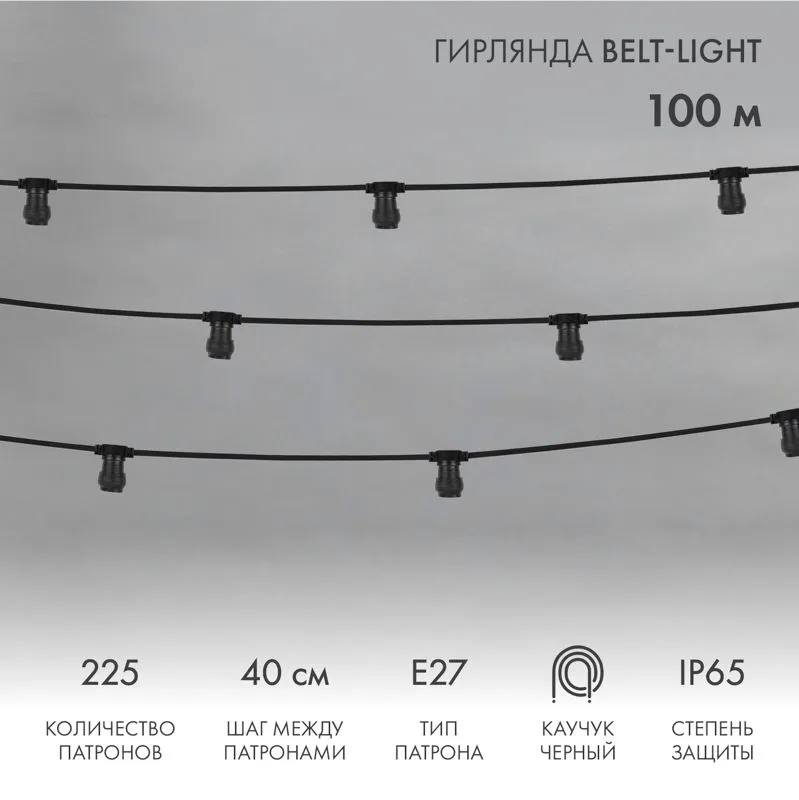 Гирлянда Belt-Light 2 жилы, 100м, шаг 40см, 225 патронов E27, IP65, черный провод NEON-NIGHT 331-212