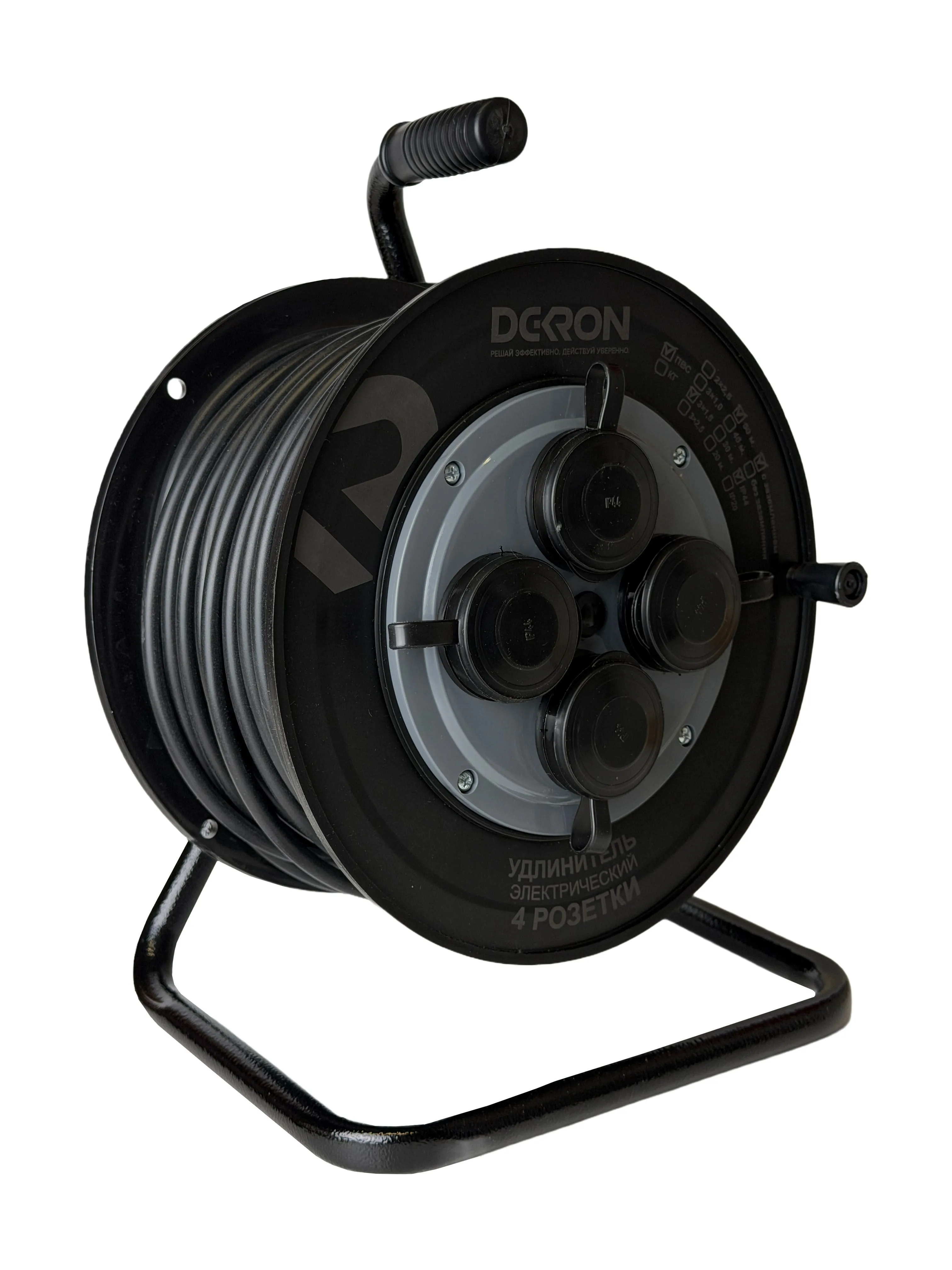 Удлинитель на катушке (пластик) УХз-16-4-50-К УХЛ2, 4 гнезда с заземлением и крышками, ПВС 3х1,5 50м, 16А, IP44 DEKRON - Фото 3